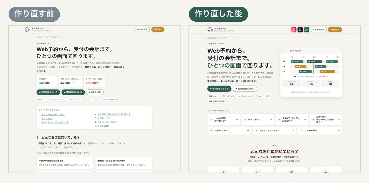 予約管理のページ、作り直す前と後。前は文字と箱が並ぶだけでした。