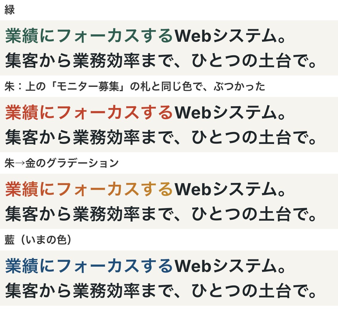 「業績にフォーカスする」の色の移り変わり。4色を試して、いまは藍です