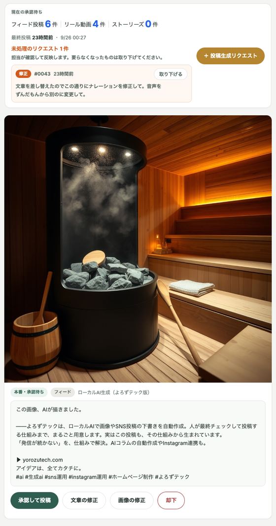 Instagram投稿の承認画面。AIが作った画像と投稿文、承認して投稿・文章の修正・画像の修正・却下のボタン